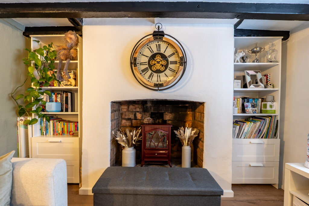 close up property photography of a fireplace. 