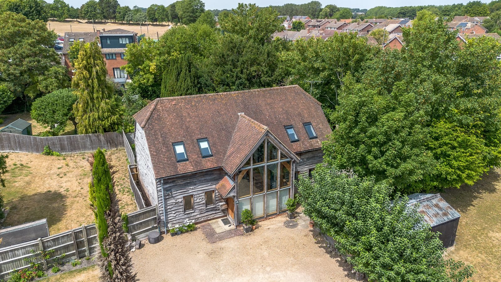 Aerial drone view of a barn conversion in Oxfordshire